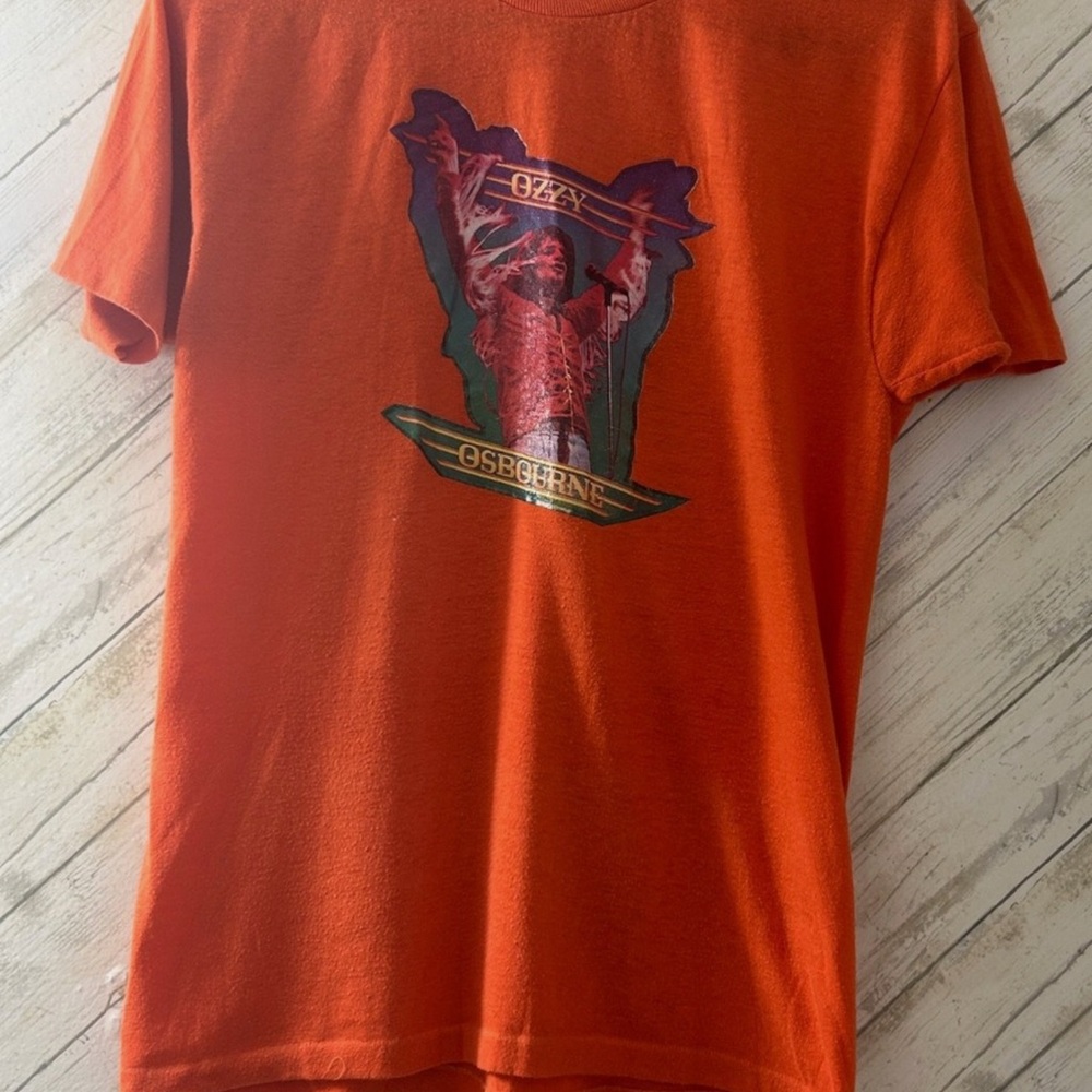Original 1980s Ozzy Osbourne Glitter Decal Orange Graphic T-Shirt Adult Small